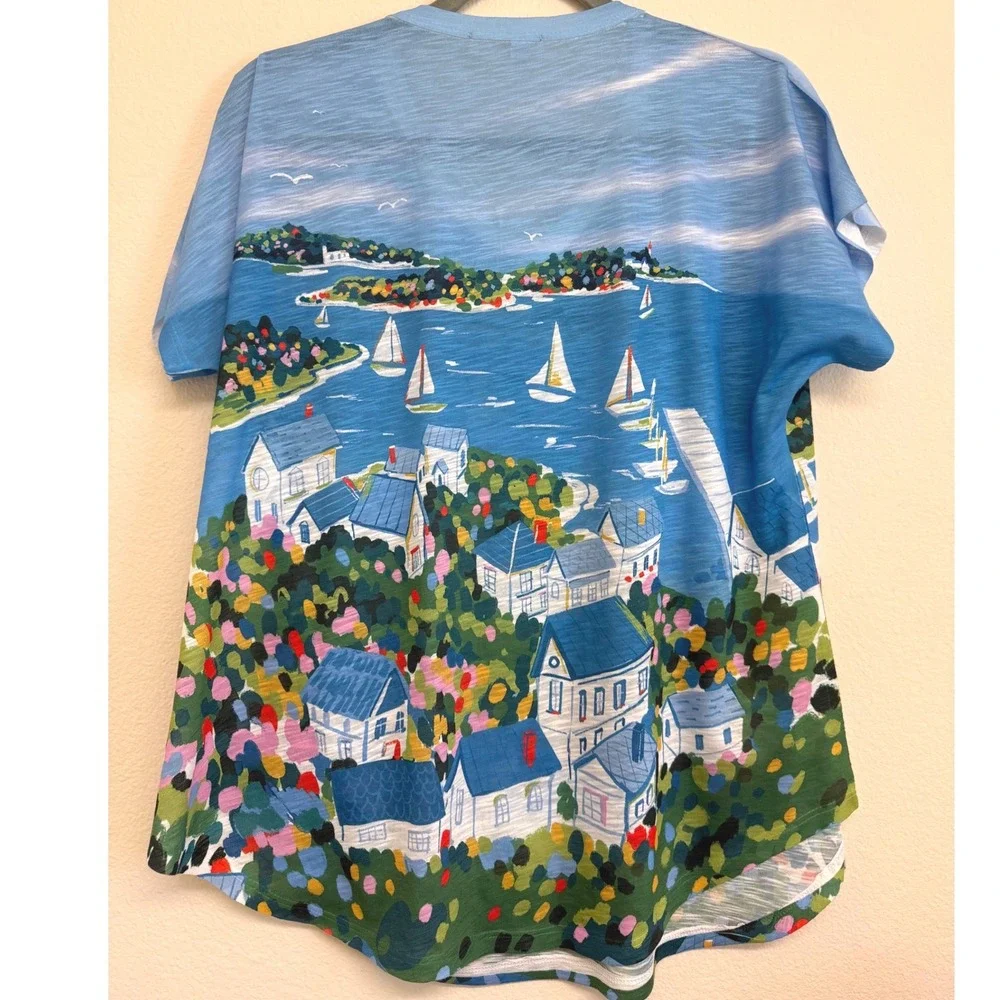 Jess & Jane Nautical Sailboat Coastal Art Print V-Neck Slub Knit Top Blue Medium